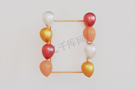 海报模型与粉色、橙色、银色和金色光泽 3D 逼真气球。 