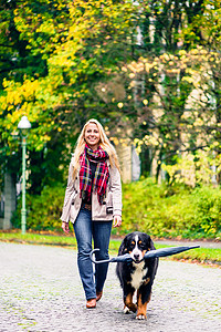 秋天散步时，狗撑着妈妈的伞