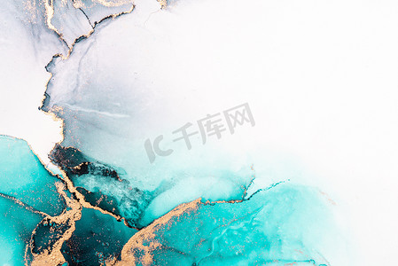 水墨小舟摄影照片_海蓝色抽象背景的大理石液体水墨艺术画在纸上。