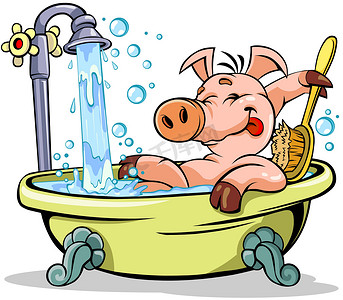 卡通猪洗澡。