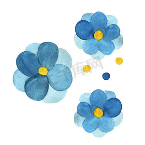 孤立在白色背景上的水彩蓝色花构图。