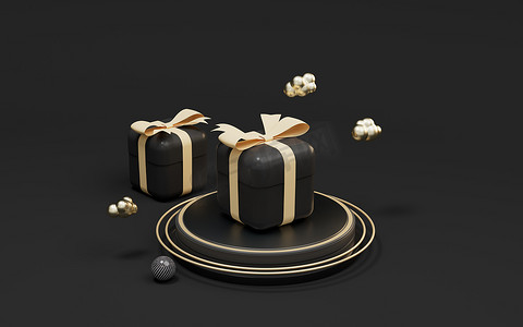 礼物和舞台有黑色背景，3D 渲染。