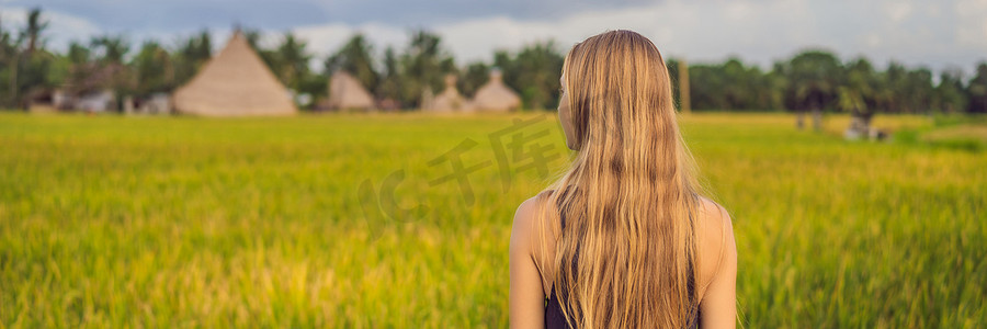 女游客欣赏美丽的亚洲稻田风光全景横幅，长格式