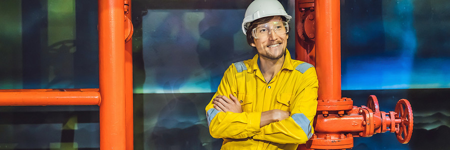 工业环境、石油平台或液化天然气厂横幅、长格式中穿着黄色工作服、眼镜和头盔的年轻人