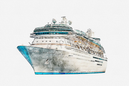 白色背景、现代远洋客轮上孤立的游轮水彩画