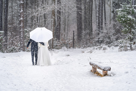 新婚夫妇在冬天多雪的森林里，冬天的婚礼
