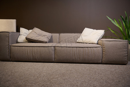 一张由优质面料和柔软坐垫制成的大型舒适沙发的前视图，在家具店的陈列室中展示出售。