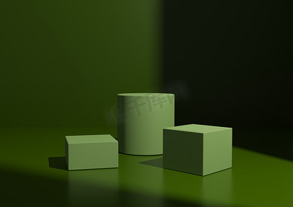 简单的最小深、暖绿色三讲台或展台组合用于产品展示。
