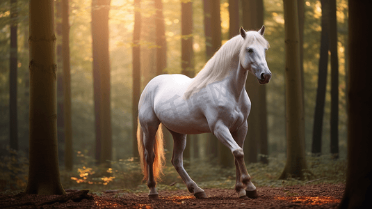站在森林中央的一匹白马