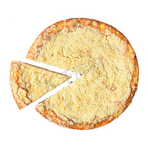 黄色的蛋糕摄影照片_带切块的芝士蛋糕的顶视图