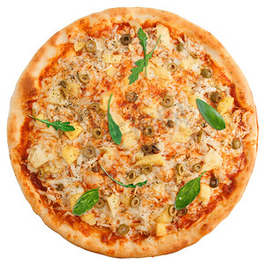 一个卡通披萨摄影照片_美味的经典夏威夷披萨，配鸡肉、菠萝、橄榄和马苏里拉奶酪