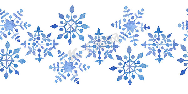 蓝紫色水彩背景摄影照片_水彩手绘无缝水平边框蓝色优雅雪花圣诞新年设计包装纸纺织品。