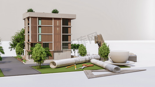 酒店模型 3D 渲染图