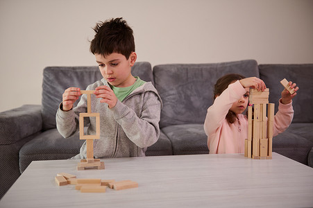 富有创造力的孩子们，兄弟姐妹专注于用木块建造、玩益智棋盘游戏、在家中建造复杂的高木结构。