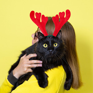 穿着黄色连衣裙的女孩在黄色背景上抱着她心爱的毛茸茸的滑稽黑猫，黄眼睛，戴着圣诞驯鹿鹿角头带。