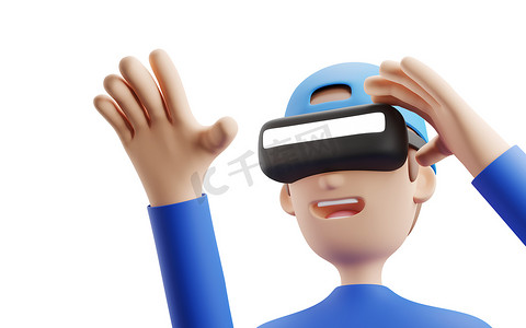 在白色背景 3D 渲染上隔离的佩戴 VR 虚拟现实耳机的人的数字技术元宇宙概念设计