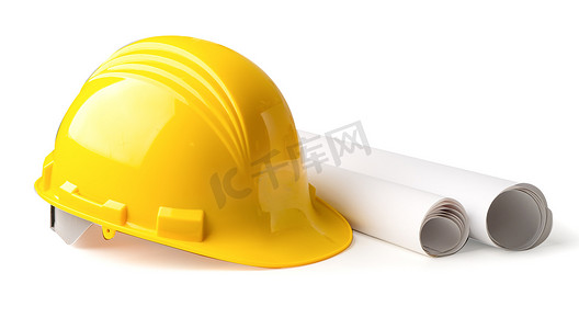 带蓝图的黄色建筑头盔，工程师安全概念。