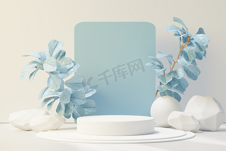 3D 渲染抽象基座讲台显示与热带树叶和蓝色柔和的植物场景。