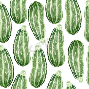 绿色食物插图摄影照片_无缝水彩手绘图案与绿色西葫芦西葫芦，农民有机天然成熟蔬菜。