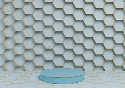 3d蓝色圆柱摄影照片_浅色、柔和、淡蓝色 3D 渲染产品展示台豪华金色蜂窝抽象背景，圆柱支架最小，简单的自然豪华蜂蜜产品模板