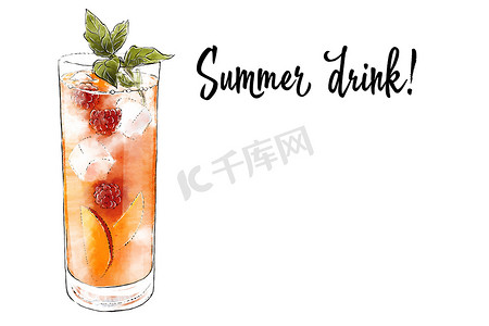 手绘水果果汁摄影照片_Colorfu 手绘插图美味的新鲜水果冰沙。