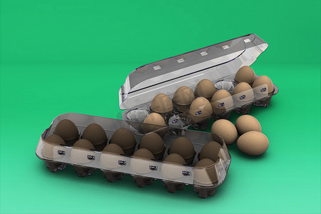 在彩色背景上隔离的纸箱中的棕色鸡蛋。3D 渲染。