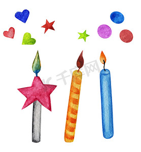 3 支蜡烛与燃烧的火焰星星心五彩纸屑。