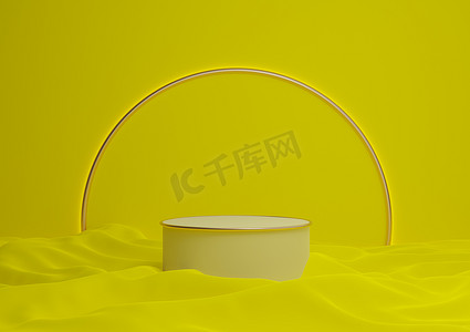 明亮的霓虹黄色 3D 渲染豪华产品展示台或展台最小的组合，背景和灯光中带有金色拱形线