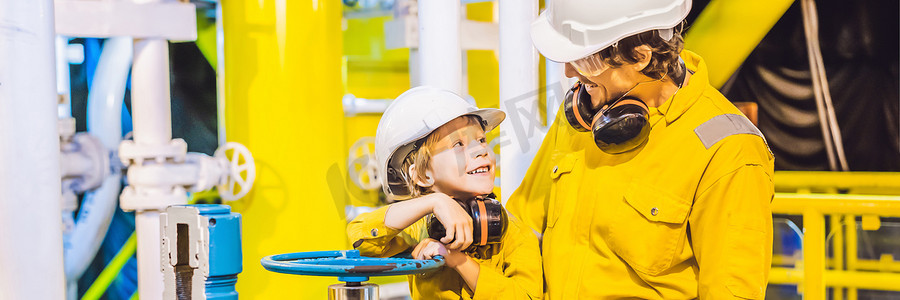 横幅，长格式年轻人和一个小男孩都穿着黄色工作服、眼镜和头盔，在工业环境、石油平台或液化天然气厂