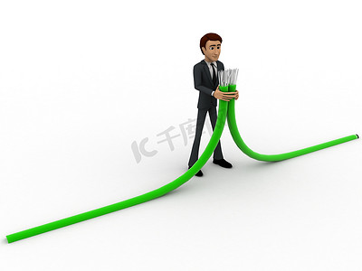 3d 立体人连接两条绿色电缆概念