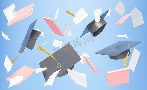 毕业设计展板设计摄影照片_掉落的毕业帽，上面有书和纸