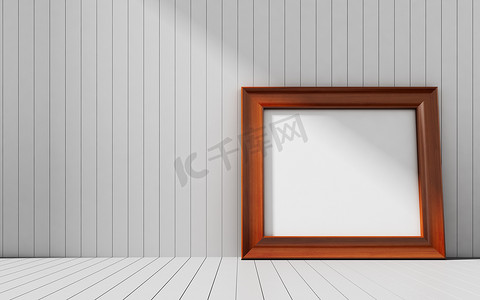 木质相框照片墙摄影照片_木质背景上的逼真相框。