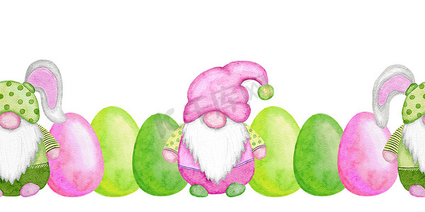 卡通玫瑰花摄影照片_无缝水彩手绘水平边框与复活节彩蛋侏儒，绿色粉红色紫红色玫瑰花卡通设计。