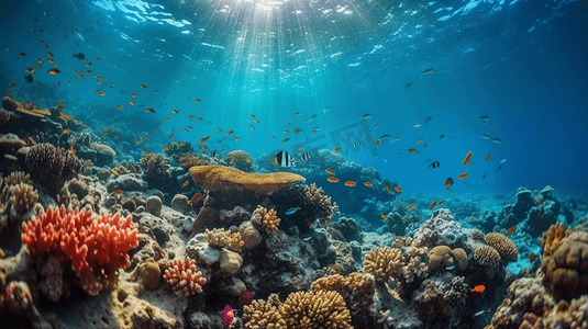 水肺红色的埃及海珊瑚礁有硬鱼类和阳光明媚的天空通过清洁水照光下照片