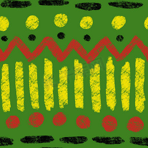 红色几何抽象摄影照片_手绘无缝图案与非洲几何装饰设计印刷，六月自由 1865 面料，黄绿色红色黑色抽象形状肯特布，种族背景。