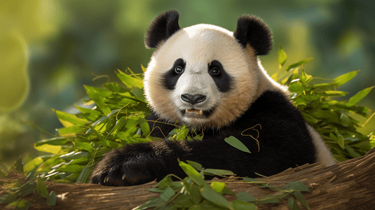 黑白动物摄影照片_黑白相间的熊猫坐在绿叶植物旁