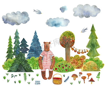 水彩插图熊在夏季森林里，在书房和浆果灌木丛的背景下，有一篮子浆果。