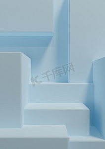 浅色、柔和、淡蓝色 3D 插图简单最小产品展示背景侧视图抽象正方形讲台支架用于产品摄影或奢侈品壁纸