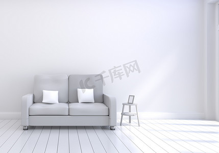 相框有照片的相框摄影照片_客厅现代室内设计有灰色沙发的有白色和木光滑的地板和相框的。