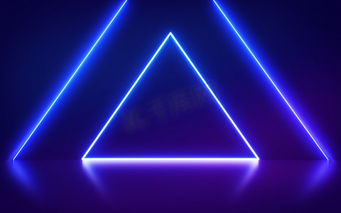 游戏光线摄影照片_抽象时尚背景上的霓虹灯三角门户，发光线，三角形，虚拟现实，紫罗兰色霓虹灯，激光表演。