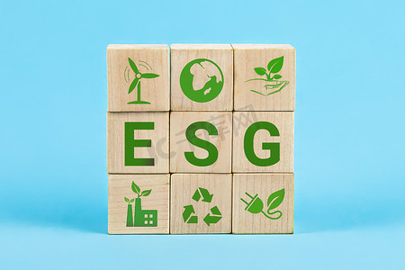 生态持续摄影照片_木立方体上的 ESG 字。 