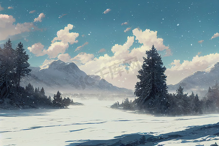 动漫风格，美丽的高原雪景2d