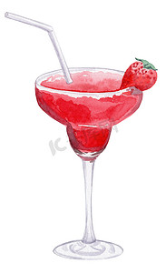手绘饮料饮料摄影照片_水彩手绘红色草莓代基里鸡尾酒在玻璃中隔离在白色背景
