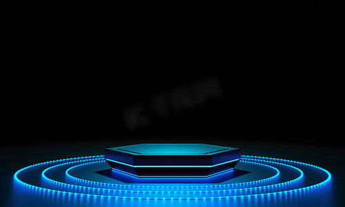 科幻赛博朋克舞台摄影照片_赛博朋克蓝色空讲台，在黑暗中配有发光球环灯，用于产品展示。