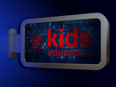 蓝色教育海报摄影照片_教育理念： 儿童教育和带齿轮的头在广告牌背景