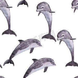 手绘水彩无缝图案与海豚。