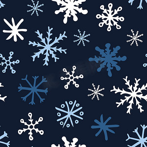 手绘蓝色冬天摄影照片_深蓝色背景上雪花的无缝图案。