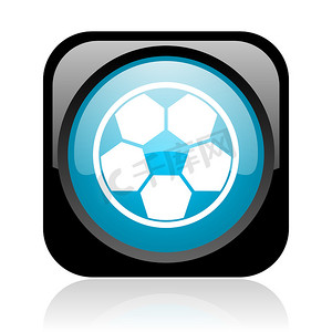 足球黑色和蓝色方形 web 光泽图标