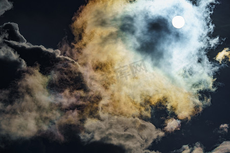 云鱼摄影照片_云中过冷水滴的光衍射、晴朗天气下蓝天上的彩虹云、积云虹膜、光学现象、光谱颜色