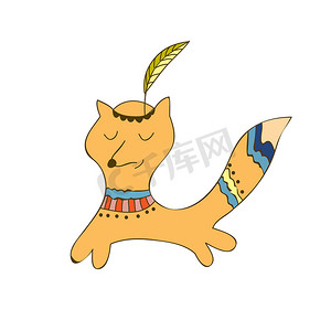 卡通可爱的程式化狐狸，头上有羽毛制成的印度头饰